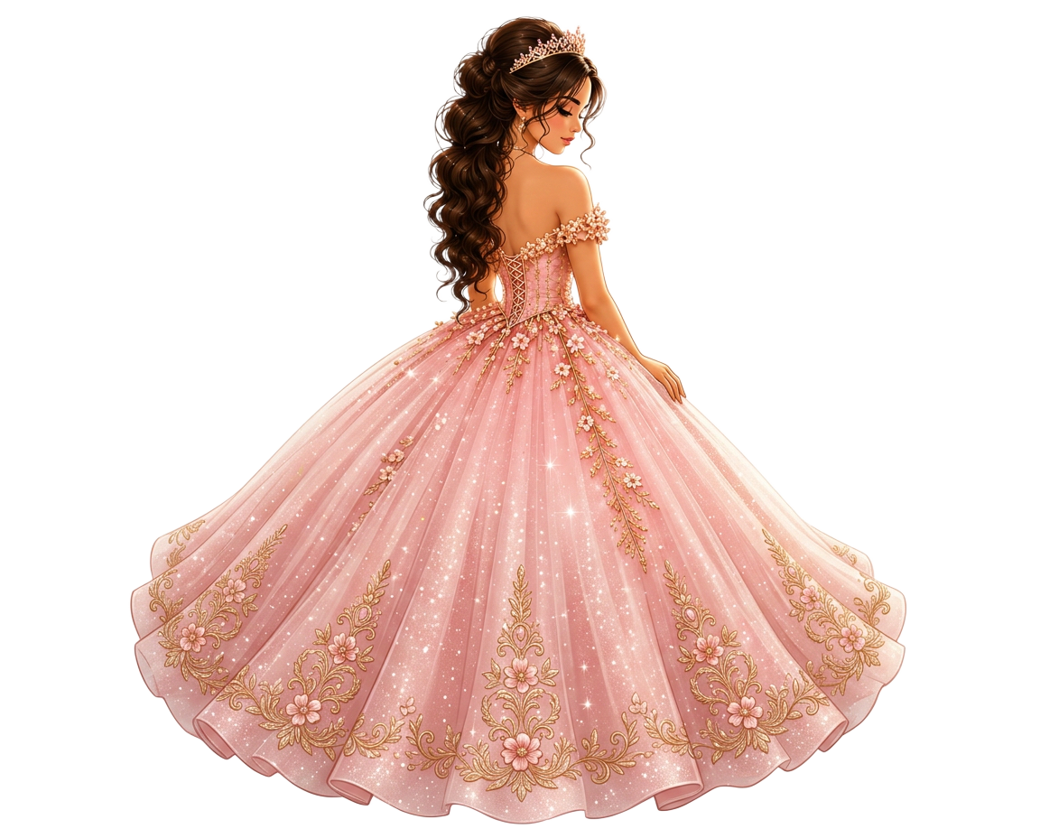 Eliana de espaldas con vestido rosa y tiara dorada